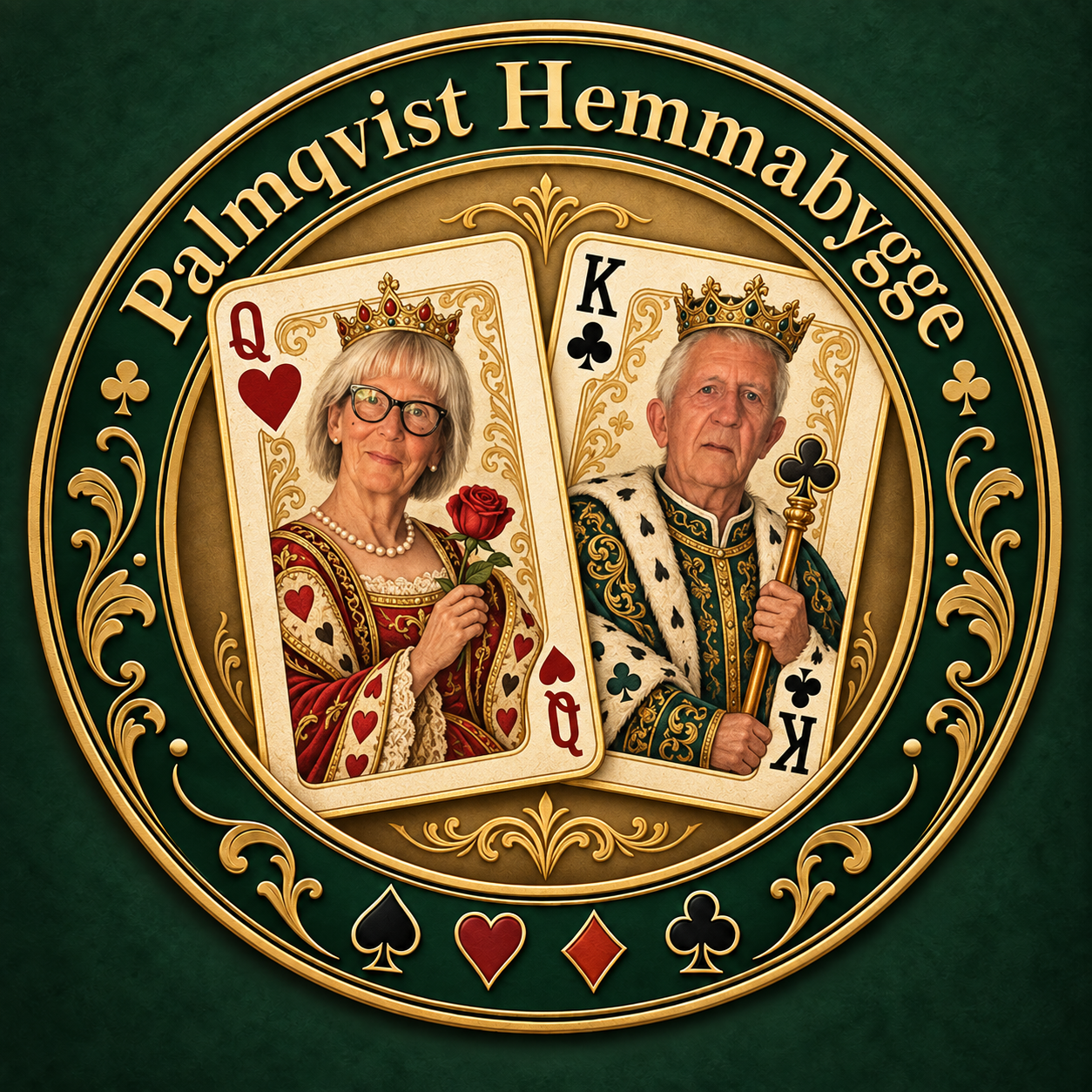 Palmqvist Hemmabygge – ett dekorativt kortspelsemblem med ett bröllopsfoto och kortfärgssymboler.
